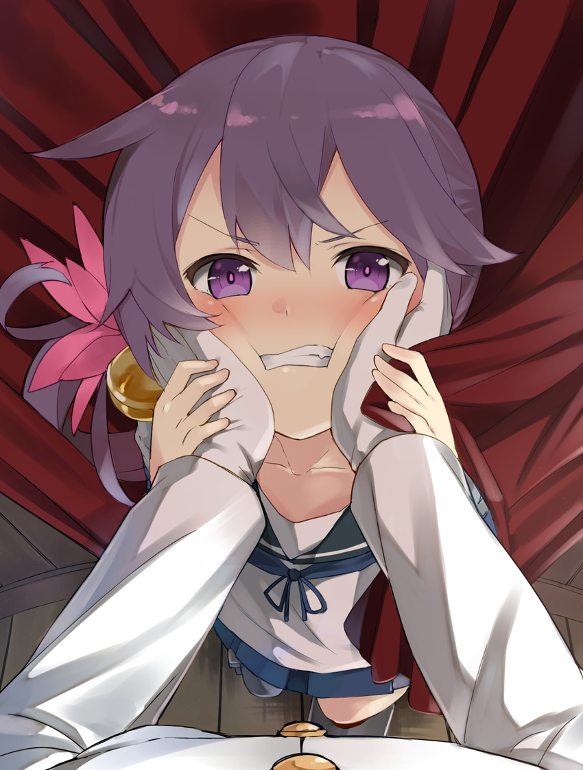 1boy admiral_(kancolle) against_wall akebono_(kancolle) annoyed arms_up bell blue_ribbon blue_skirt blush buttons cheek_press cheek_squash clenched_teeth collarbone commentary_request curtain_grab curtains female flower from_above gloves hair_bell hair_flower hair_intakes hair_ornament hand_grab hands_on_another's_cheeks hands_on_another's_face highres jacket jingle_bell kantai_collection long_hair long_sleeves looking_at_viewer looking_up max_melon miniskirt neckerchief nose_blush oerba_yun_fang open_mouth out_of_frame petite pov pov_hands purple_eyes purple_hair red_curtains ribbon school_uniform serafuku side_ponytail skirt solo_focus teeth white_gloves white_jacket wooden_floor