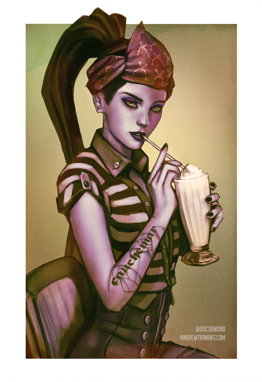 andrew_tran artist_name artstation_sample bandana black_hair black_nails body_writing casual chair colored_skin commentary cup drinking_glass drinking_straw earrings english_commentary female high_ponytail highres holding holding_cup image_sample jewelry lips long_hair looking_at_viewer makeup mouth_hold nail nail_polish overwatch overwatch_1 pants photoshop_(medium) ponytail purple_hair purple_lips purple_skin shirt sitting solo striped_clothes striped_shirt stud_earrings tattoo upper_body watermark web_address widowmaker_(overwatch) yellow_eyes