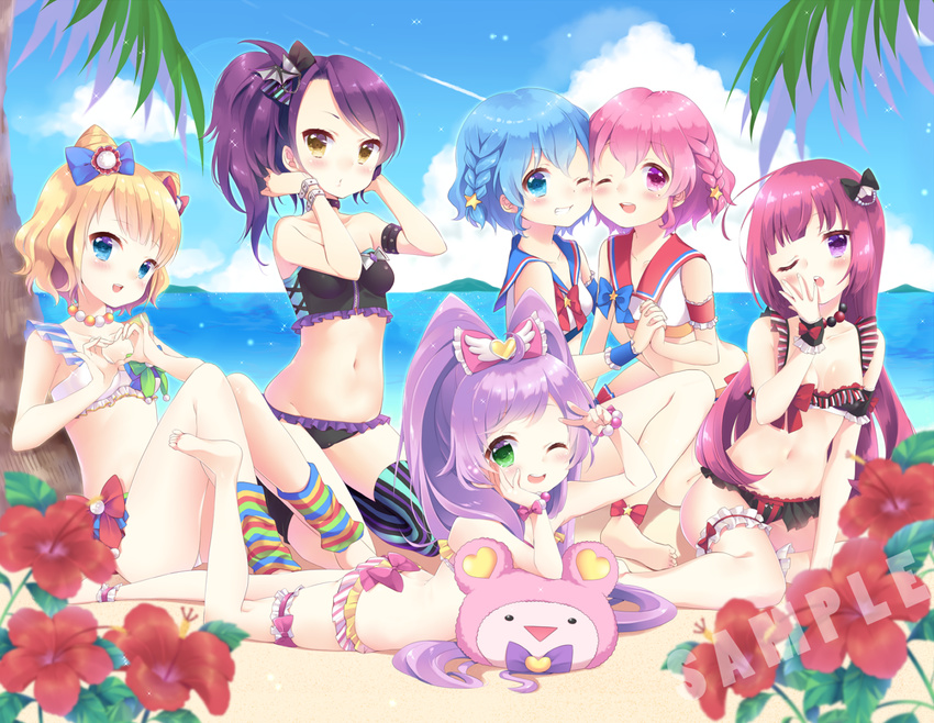 beach bikini blush bow dorothy_west flowers garter group houjou_sophie kuune_rin leona_west manaka_lala minami_mirei navel pripara swimsuit thighhighs toudou_shion wink