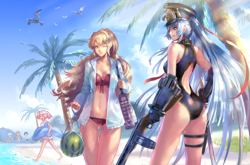 1boy 5girls alicetaria_february altair_(re:creators) ass ass_visible_through_thighs bad_id bad_pixiv_id bag bare_shoulders beach bikini bird blonde_hair chibi day denki food fruit gauntlets green_eyes grey_hair gun hat holster inflatable_dolphin inflatable_toy kirameki_mamika long_hair mesh meteora_osterreich mizushino_souta multiple_girls one-piece_swimsuit one_eye_closed outdoors palm_tree pink_hair ppsh-41 re:creators seagull selesia_upitiria submachine_gun swimsuit sword thigh_gap thigh_holster tree very_long_hair watermelon weapon