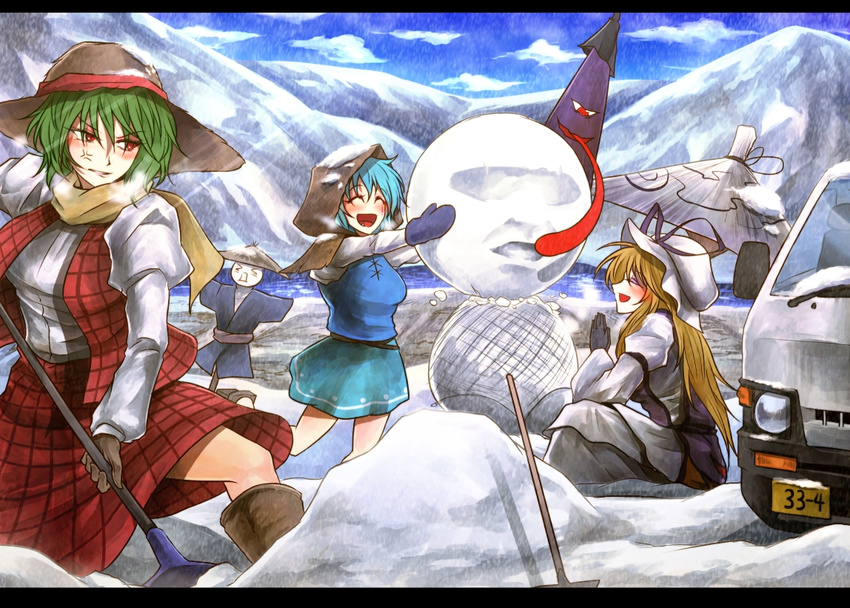 3girls anger_vein blonde_hair blue_hair closed_eyes commentary_request dress gloves green_hair hat hood karakasa_obake kazami_yuuka letterboxed long_hair manatsu_no_yo_no_inmu motor_vehicle multiple_girls open_mouth plaid plaid_vest red_eyes ryuuichi_(f_dragon) scarf short_hair shovel shoveling snow snow_shovel snowman sun_hat tatara_kogasa touhou umbrella van vest winter_clothes yakumo_yukari