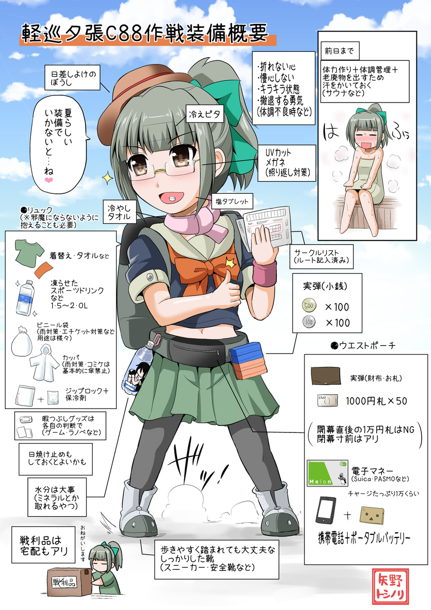 =_= backpack bag bare_shoulders belt blush boots bottle box brown_eyes cardboard_box change_purse coin commentary_request danboo day diagram female glasses green_hair green_skirt hair_ribbon hat highres kantai_collection long_hair navel open_mouth pantyhose partially_translated pleated_skirt ponytail ribbon sauna school_uniform serafuku shigure_(kancolle) short_sleeves skirt smile solo speech_bubble thumbs_up towel translation_request water_bottle wristband yano_toshinori yuubari_(kancolle)