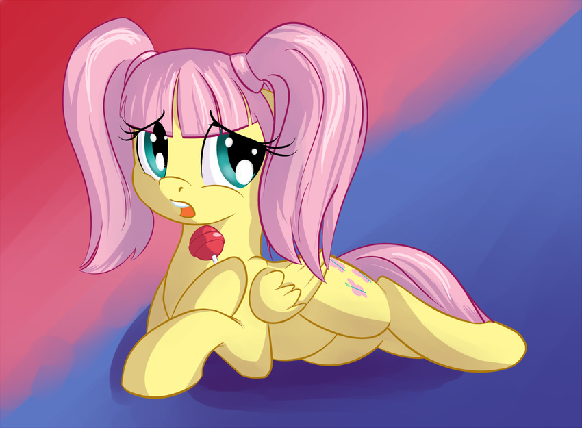 alternate_hairstyle baby_spice blue_background blue_eyes candy cutie_mark dessert equid equine feathered_wings feathers female feral fluttershy_(mlp) food friendship_is_magic fur hair hasbro hooves lollipop long_hair lying mammal my_little_pony mythological_creature mythological_equine mythology on_front open_mouth pegasus pink_hair postscripting red_background shy simple_background solo spice_girls twintails wings yellow_body yellow_feathers