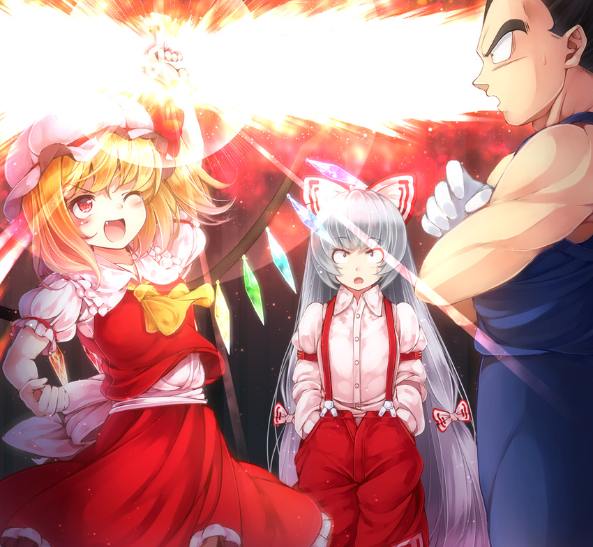 1boy 2girls black_eyes black_hair blonde_hair bodysuit bow commentary_request crossover crystal dragon_ball dragon_ball_z dress flandre_scarlet fujiwara_no_mokou gloves grey_hair hair_ribbon hairbow hand_in_pocket happy hat highres komimiyako long_hair long_sleeves multiple_girls oerba_yun_fang one_eye_closed open_mouth pants puffy_sleeves red_eyes ribbon side_ponytail spiked_hair suspenders sweatdrop touhou vegeta wings