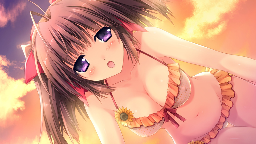 :o antenna_hair berry's bikini bow bow_bikini breasts brown_hair covered_nipples female flower food frilled_bikini frills fruit hair_ribbon highres izuno_youko kimizuka_aoi looking_at_viewer medium_breasts navel open_mouth orange_theme polka_dot polka_dot_swimsuit purple_eyes ribbon solo swimsuit