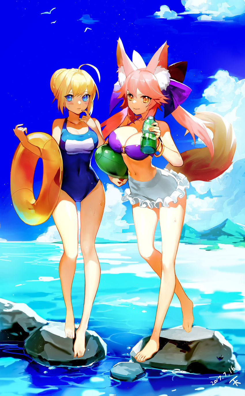 2girls absurdres ahoge alternate_costume animal animal_ears artoria_pendragon_(fate) bare_legs barefoot bikini bikini_top_only bird blonde_hair blue_eyes blue_one-piece_swimsuit blue_sky bottle bracelet braid breasts closed_mouth cloud commentary_request covered_navel dated day ddongu eyes_visible_through_hair fate/extra fate_(series) fox_ears fox_tail french_braid frills full_body hair_intakes hair_ornament hair_ribbon highres holding holding_bottle holding_swim_ring innertube jewelry long_hair medium_breasts multiple_girls navel o-ring o-ring_top one-piece_swimsuit outdoors photoshop_(medium) pink_hair purple_bikini purple_ribbon ribbon saber_(fate) school_swimsuit short_hair sky smile standing summer sweatdrop swim_ring swimsuit tail tamamo_(fate) tamamo_no_mae_(fate/extra) transparent water wet yellow_eyes