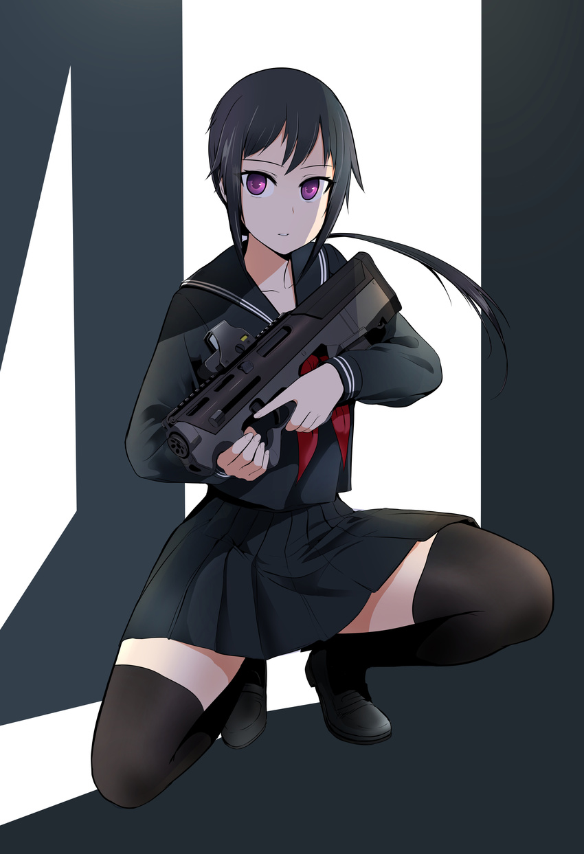 absurdres bad_id bad_pixiv_id black_hair black_thighhighs bullpup dickbomber female gun highres holding holding_gun holding_weapon long_hair looking_at_viewer magpul_pdr military original pleated_skirt purple_eyes school_uniform serafuku skirt solo spread_legs squatting submachine_gun thighhighs trigger_discipline weapon zettai_ryouiki