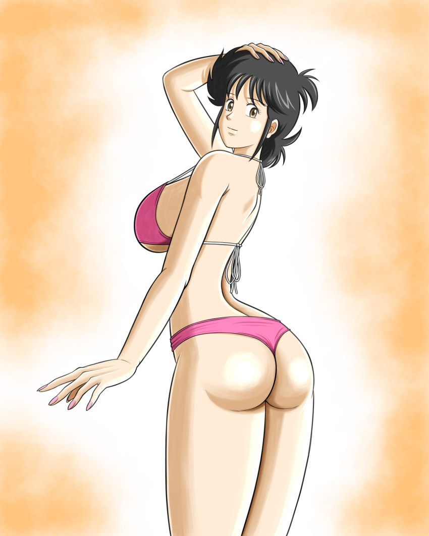 ajiyoshi_noriko artist_request ass back bangs bikini black_hair bra breasts curvy female from_behind highres large_breasts looking_at_viewer mister_ajikko panties pink_bikini pink_bra pink_panties pose short_hair swimsuit thick_thighs thighs underwear yellow_eyes