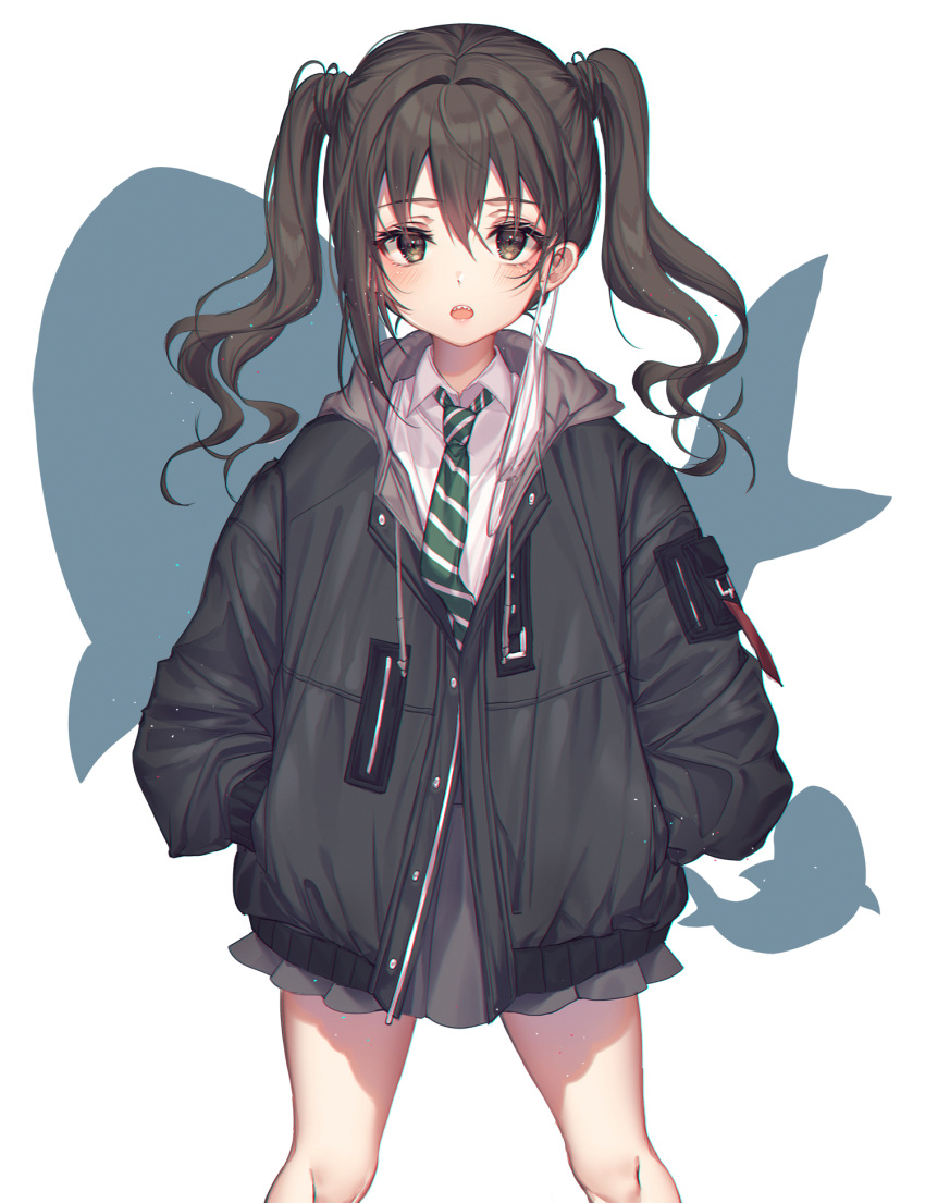 :o black_jacket blush brown_eyes brown_hair collared_shirt commentary_request drawstring feet_out_of_frame female green_necktie grey_skirt hair_between_eyes hands_in_pockets highres hood hood_down hooded_jacket idolmaster idolmaster_cinderella_girls jacket kinty legs_apart long_hair looking_at_viewer mask mask_around_one_ear miniskirt mole mole_under_eye mouth_mask necktie open_mouth pleated_skirt school_uniform sharp_teeth shirt sidelocks skirt solo striped striped_necktie sunazuka_akira surgical_mask teeth thighs twintails wavy_hair white_background white_shirt