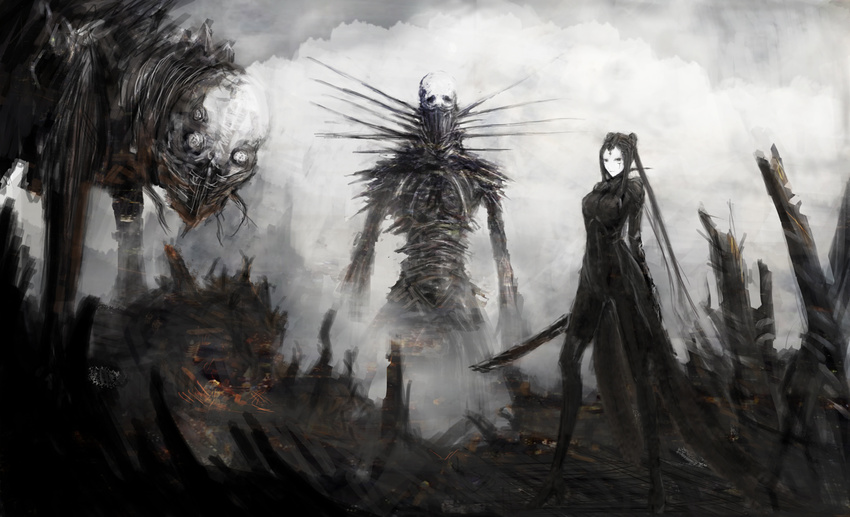 auto black_hair blame! blon cloud cloudy_sky commentary davine_lu_linvega female long_hair looking_at_viewer pcell ruins silicon_creature_(blame!) sky standing sword weapon