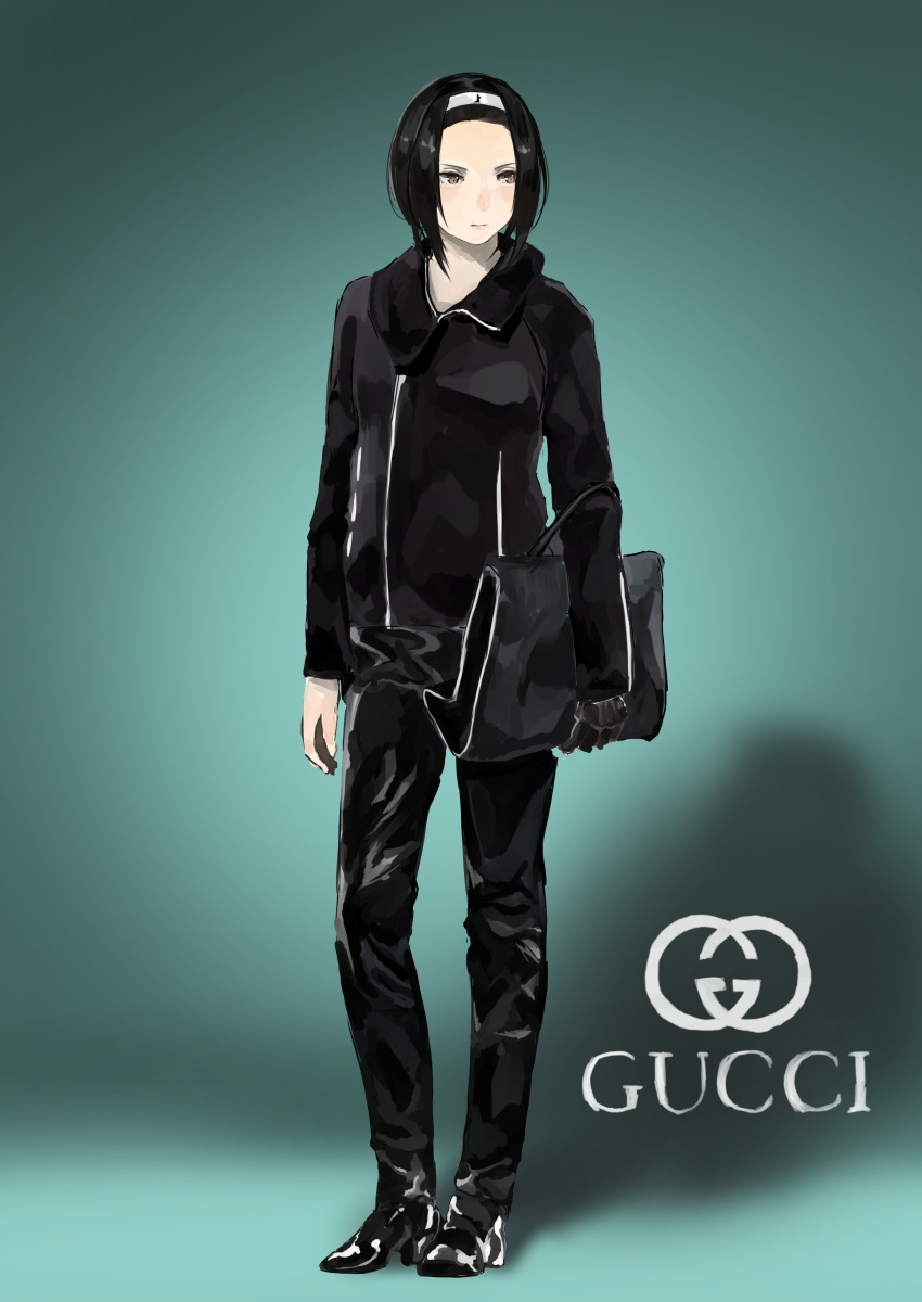 absurdres biomega black_coat black_hair black_pants brown_eyes closed_mouth coat english_text fashion female forehead full_body gucci highres looking_to_the_side nishu_mizunoe orihika pants shoes short_hair simple_background solo source_request standing toha_heavy_industries