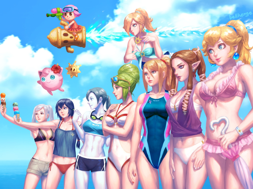 abs alternate_hairstyle bellhenge blue_eyes breasts cleavage doubutsu_no_mori fire_emblem fire_emblem:_kakusei green_hair grey_hair jigglypuff kid_icarus long_hair lucina mario_(series) metroid midriff multiple_girls my_unit my_unit_(fire_emblem:_kakusei) nail_polish navel nintendo palutena pink_hair pokemon ponytail princess_peach princess_zelda rosalina_(mario) rosetta_(mario) samus_aran short_hair standing super_mario_bros. super_mario_galaxy super_smash_bros. swimsuit the_legend_of_zelda twintails villager_(doubutsu_no_mori) white_hair white_skin wii_fit wii_fit_trainer