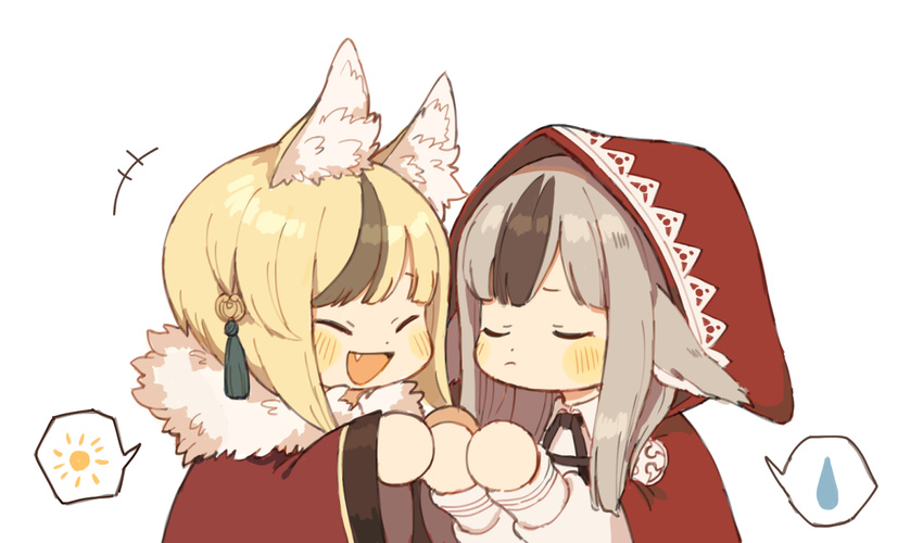 2girls animal_ears blonde_hair blush brown_hair chibi commentary_request fire_emblem fire_emblem_fates fox_ears fur-trimmed_jacket fur_trim grey_hair guu_(hakahonoo) happy hood jacket long_hair multicolored_hair multiple_girls oerba_yun_fang selkie_(fire_emblem) spoken_sparkle spoken_sweatdrop sweatdrop two-tone_hair velouria_(fire_emblem) wolf_ears worried