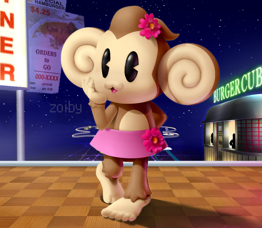 5_toes accessory anthro barefoot brown_body brown_fur clothing dress english_text feet female fur hair_accessory haplorhine hi_res mammal meemee monkey night primate signature super_monkey_ball text toes zoiby