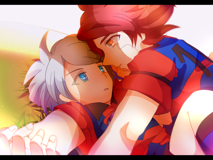 2boys bad_id bad_pixiv_id blue_eyes chaos_(inazuma_eleven) hisate inazuma_eleven inazuma_eleven_(series) letterboxed male_focus multiple_boys nagumo_haruya red_eyes red_hair soccer_uniform sportswear suzuno_fuusuke