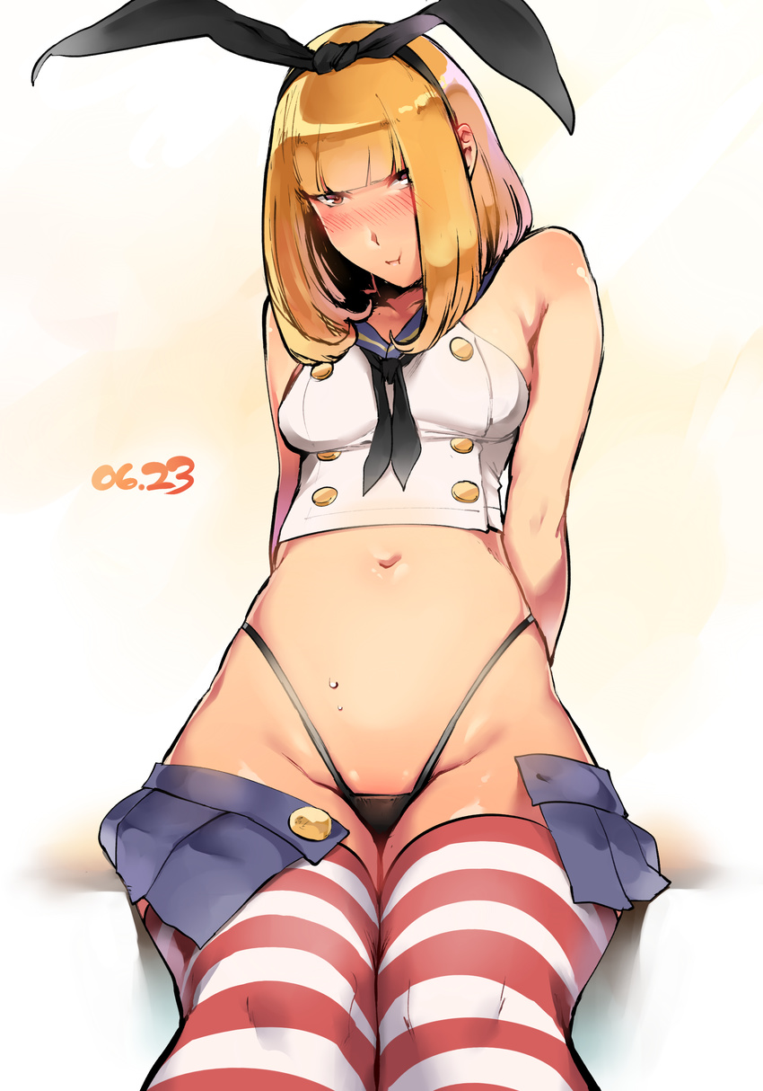 absurdres arms_behind_back black_panties blonde_hair blush bow commentary cosplay crossover dated female hairbow highres kantai_collection kenshin187 looking_at_viewer midorikawa_hana miniskirt navel open_clothes open_skirt panties pout prison_school sailor_collar shimakaze_(kancolle) shimakaze_(kancolle)_(cosplay) skirt solo stomach striped_clothes striped_thighhighs sweat thighhighs thong unbuttoned underwear