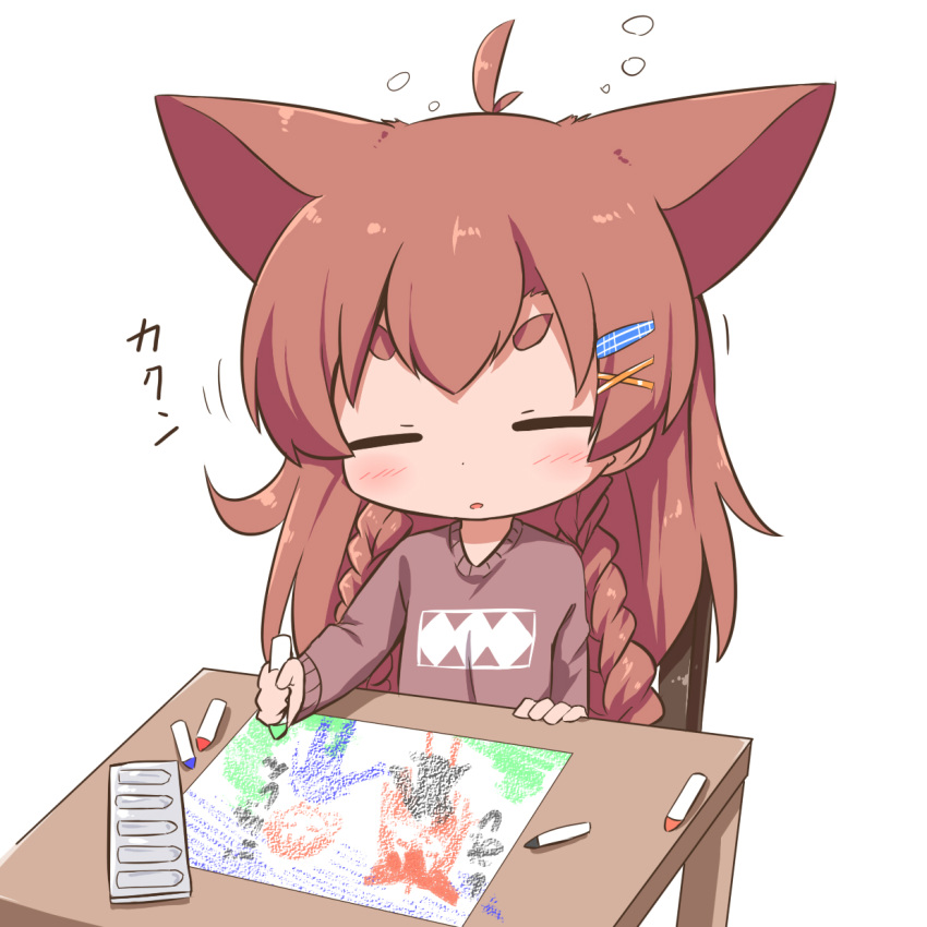 animal_ears braid brown_hair chibi child's_drawing closed_eyes commentary_request crayon facing_viewer female hair_ornament hairclip highres lonely makuran momiji_(makuran) original simple_background sleepy solo table thick_eyebrows twin_braids white_background x_hair_ornament