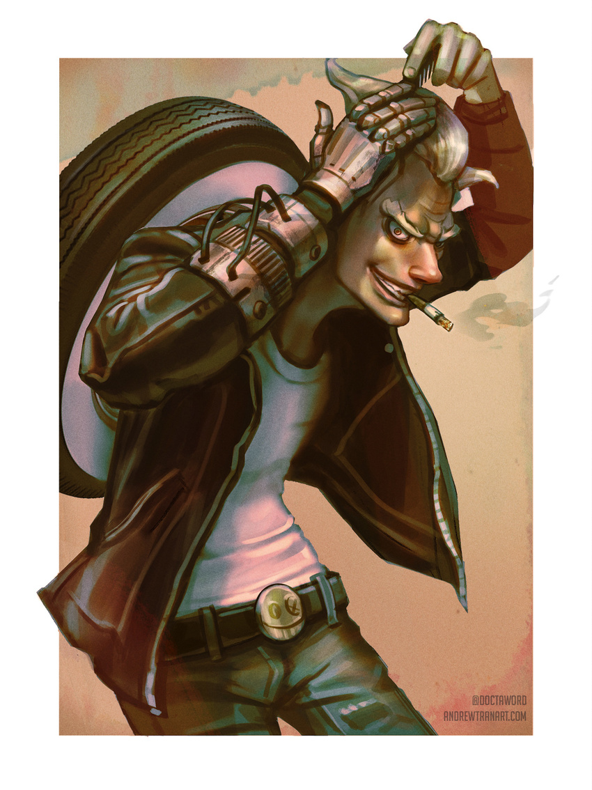 1boy adjusting_hair andrew_tran artist_name artstation_sample belt blonde_hair brushing_hair brushing_own_hair cigarette comb commentary english_commentary eyebrows hands_up highres image_sample jacket junkrat_(overwatch) long_sleeves looking_at_viewer male_focus mechanical_arms mouth_hold overwatch overwatch_1 pants shirt single_mechanical_arm solo teeth teeth_hold tire watermark web_address wheel white_shirt