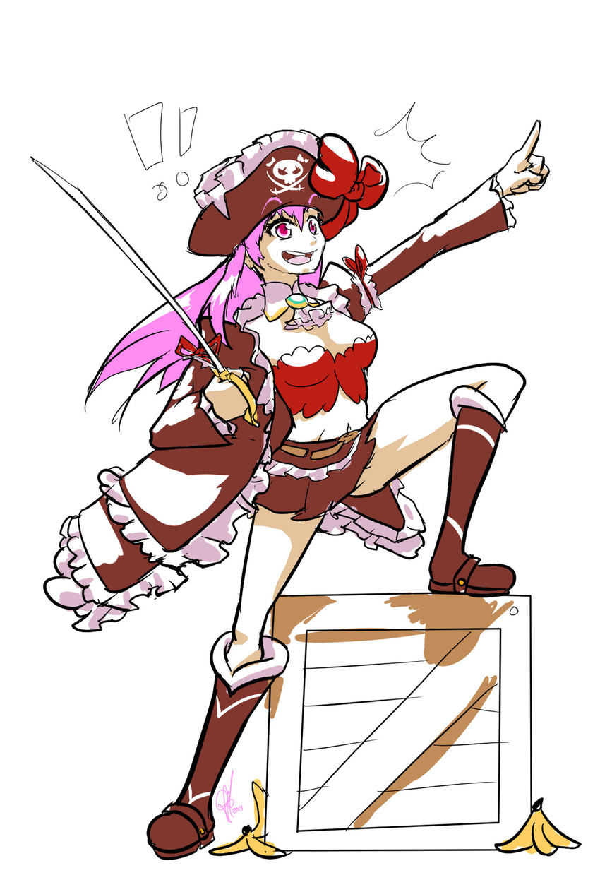 !! banana_peel boots bow box captain_liliana cutlass_(sword) female frills hat hat_bow highres jolly_roger knee_boots long_coat miniskirt one_leg_raised pink_eyes pink_hair pirate pirate_hat pointing pointing_forward queen's_blade queen's_blade_rebellion skirt skull_and_crossed_swords solo triple-q