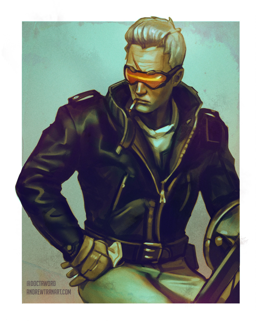 1boy andrew_tran artist_name artstation_sample belt cigarette commentary english_commentary gloves goggles gun head-mounted_display highres image_sample jacket long_sleeves male_focus mask mouth_hold mouth_mask overwatch overwatch_1 pants scar shirt sitting soldier:_76_(overwatch) solo watermark weapon web_address white_hair white_shirt