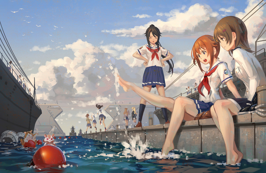 6+girls animal bare_legs barefoot black_hair black_legwear blue_eyes blue_skirt blue_sky blush brown_eyes brown_hair china_moeka cloud commentary_request day feline hamster hands_on_own_hips high_ponytail high_school_fleet irizaki_mei isoroku_(haifuri) kneehighs long_hair military military_uniform misaki_akeno multiple_girls munetani_mashiro neckerchief nosa_kouko open_mouth outdoors pinakes plantar_flexion pleated_skirt ponytail running school_uniform serafuku shiretoko_rin short_hair sitting skirt sky smile soaking_feet socks tateishi_shima twintails uniform wilhelmina_braunschweig_ingenohl_friedeburg yokosuka_girls_marine_high_school_uniform