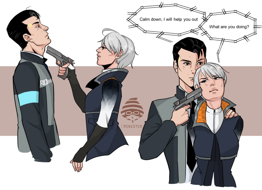 1boy ahoge aiming android artist_name birthmark black_hair breasts brown_eyes collared_shirt connor_(rk800) detroit_become_human english female handgun high_collar holding_gun holding_weapon jacket kara_(ax400) led long_sleeves looking_at_each_other medium_breasts necktie pistol short_hair suit text_focus weapon white_hair