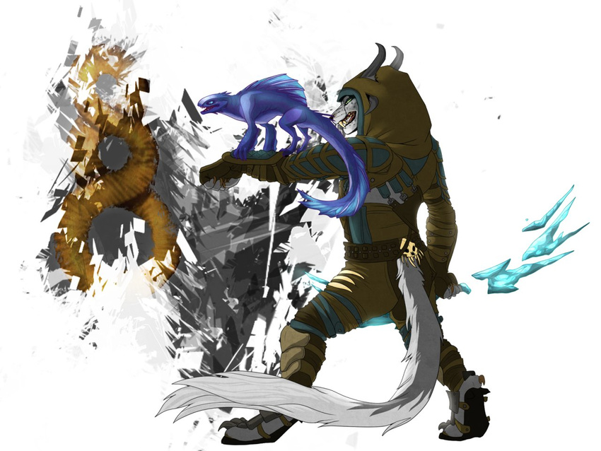 2014 4:3 anthro armor better_version_at_source bow_(disambiguation) charr claws dagos digital_media_(artwork) fangs felid female flat_chested fluffy fluffy_tail fur green_eyes guild_wars hood horn leather leather_armor mammal multi_ear pet_(disambiguation) simple_background solo tail teeth white_body white_fur