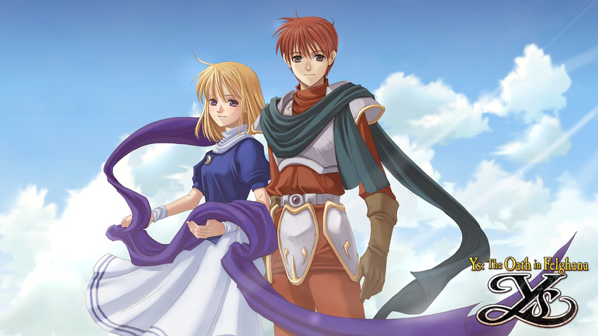 1boy adol_christin armor blonde_hair blue_sky cloud cloudy_sky copyright_name day elena_stoddart female highres long_hair official_art outdoors purple_eyes red_hair scarf short_hair skirt sky smile ys ys_iii_wanderers_of_ys