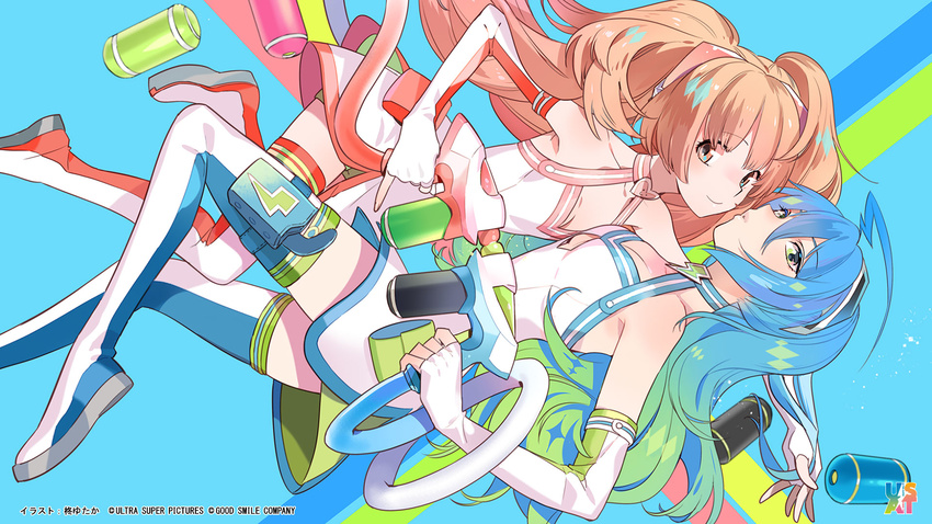 2girls artist_name blue_hair boots end_card gradient_hair green_eyes halterneck highres holster multicolored_hair multiple_girls official_art orange_eyes orange_hair sumako_(ultra_super_anime_time) supika_(ultra_super_anime_time) thigh_boots thigh_holster thighhighs ultra_super_anime_time water_gun watermark yutaka7 zettai_ryouiki