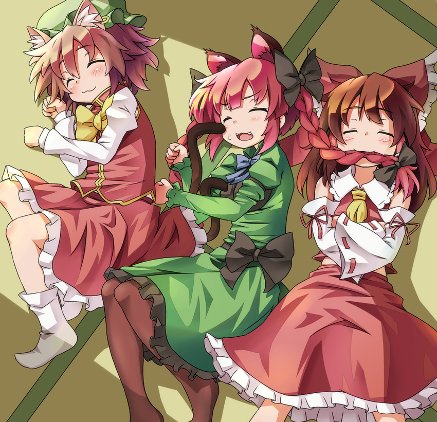 3girls :3 animal_ears blush bow braid brown_hair cat_ears cat_tail chen closed_eyes commentary_request crossed_arms detached_sleeves dorowa_no_hito dress earrings extra_ears fangs hair_in_own_mouth hairbow hakurei_reimu hat highres jewelry kaenbyou_rin long_hair lying mouth_hold multiple_girls multiple_tails on_back open_mouth pantyhose red_hair short_hair sleeping socks tail touhou twin_braids