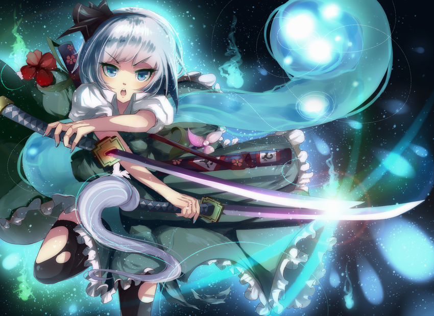 black_hairband black_thighhighs blizzomos blue_eyes commentary_request female flower hairband highres hitodama katana konpaku_youmu konpaku_youmu_(ghost) looking_at_viewer nail_polish open_mouth puffy_sleeves shirt short_hair short_sleeves skirt skirt_set solo sword thighhighs torn_clothes torn_thighhighs touhou vest weapon white_hair