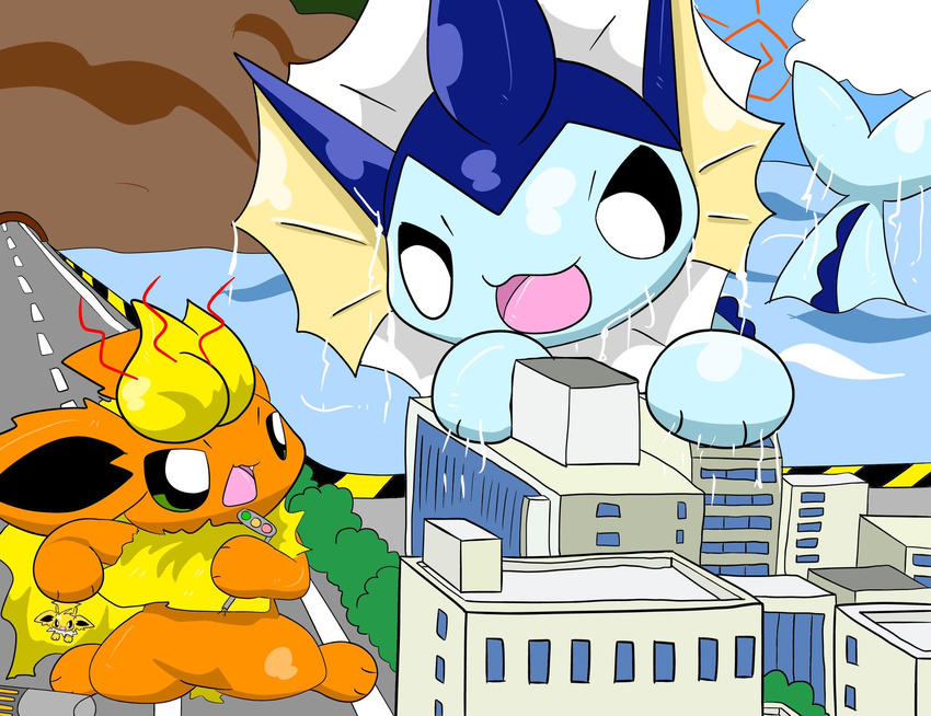 ambiguous_gender angry building caution_stripes city detailed_background eeveelution feral flareon generation_1_pokemon green_eyes group hi_res jolteon kemono macro nintendo outside pokemon pokemon_(species) semi-anthro sitting size_difference thirteen trio vaporeon water wet