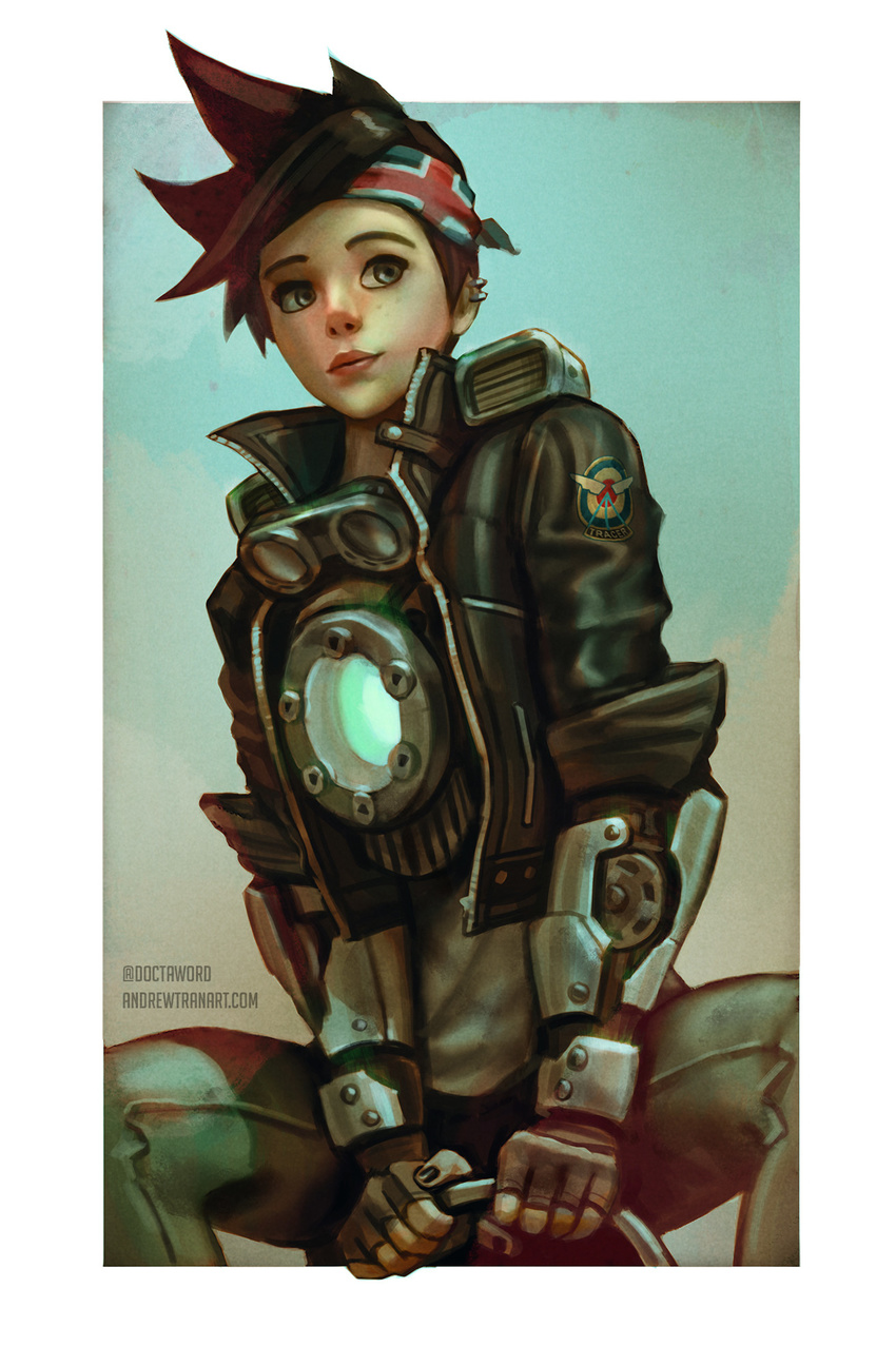 andrew_tran artist_name artstation_sample bad_link bandana black_gloves black_nails bodysuit bomber_jacket brown_eyes brown_hair brown_jacket commentary ear_piercing emblem english_commentary female fingerless_gloves fingernails gloves goggles goggles_around_neck highres image_sample jacket leather leather_jacket lips lipstick logo makeup nail_polish overwatch overwatch_1 pants piercing pink_lips short_hair short_sleeves solo spiked_hair swept_bangs tracer_(overwatch) union_jack upper_body vambraces watermark web_address