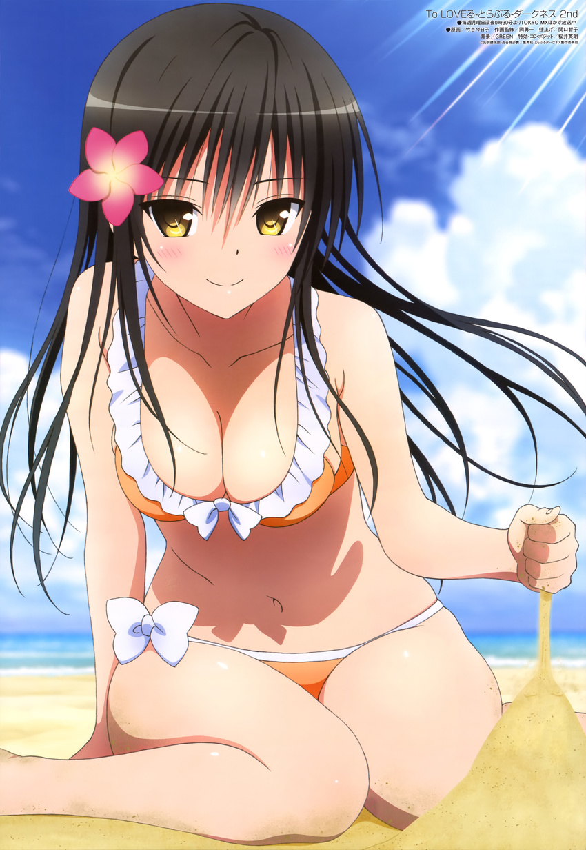 absurdres beach bikini black_hair breasts brown_eyes cleavage cloud day female flower hair_flower hair_ornament highres imageboard_desourced kotegawa_yui legs long_hair medium_breasts non-web_source ocean official_art outdoors sand sky smile solo swimsuit taketani_kyouko to_love-ru water