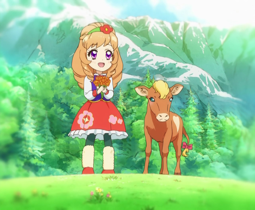 aikatsu! aikatsu!_(series) anime_screenshot brown_hair calf_(animal) drill_hair female grass himesato_maria lolicon long_hair mountain outdoors purple_eyes solo tree