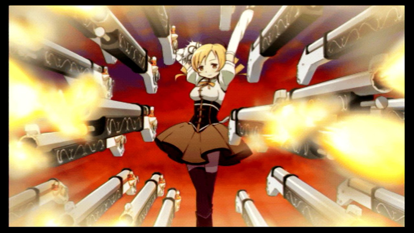 beret black_border blonde_hair border detached_sleeves drill_hair female firing firing_at_viewer game_cg gun hair_ornament hat magical_girl magical_musket mahou_shoujo_madoka_magica mahou_shoujo_madoka_magica_portable musket official_art pointing pointing_at_viewer puffy_sleeves rifle skirt smile solo striped_clothes striped_thighhighs summoning thighhighs tomoe_mami tomoe_mami_(magical_girl) twin_drills twintails vertical_stripes weapon yellow_eyes