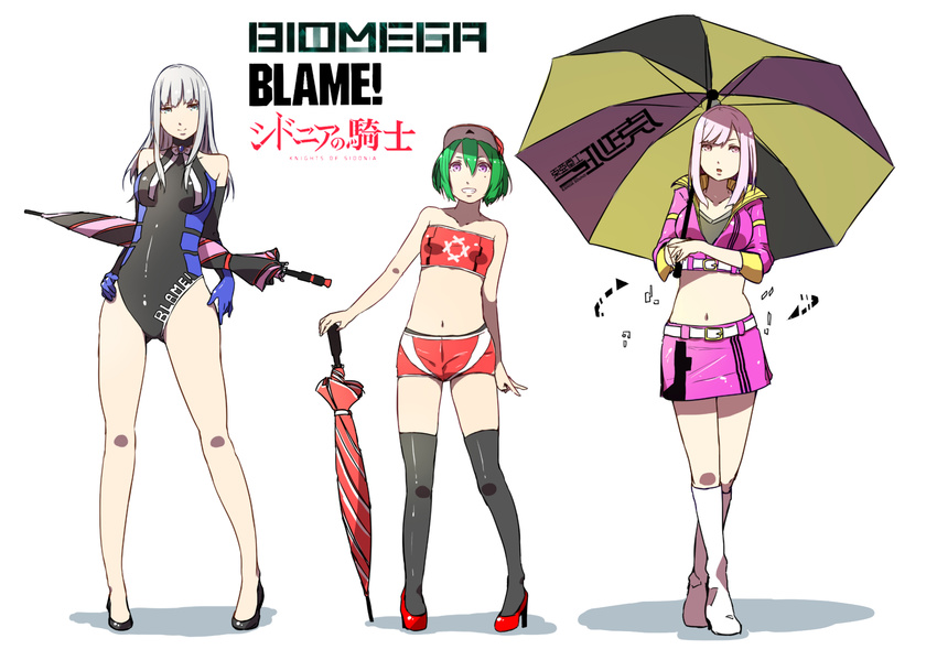 3girls baseball_cap biomega black_legwear blame! boots bow breasts cibo closed_umbrella commentary_request copyright_name creator_connection crop_top gloves green_hair hat high_heels highres kanoe_fuyu knee_boots leotard long_hair looking_at_viewer midorikawa_yuhata midriff multiple_girls navel open_mouth orihika pink_eyes pink_hair planted planted_umbrella purple_eyes race_queen ribbon short_hair short_shorts shorts sidonia_no_kishi silver_hair skirt small_breasts smile thighhighs toha_heavy_industries umbrella white_background