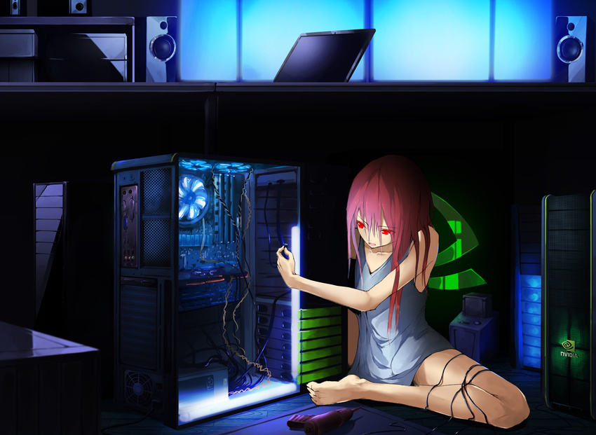 barefoot computer long_hair original red_eyes red_hair tyappygain