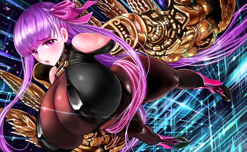 bare_shoulders breasts cleavage collar curvy fate/extra fate/extra_ccc fate_(series) female female gauntlets hair_ornament hair_ribbon huge_breasts long_hair looking_at_viewer naglfar o-ring pantyhose passion_lip perky_breasts purple_eyes purple_hair ribbon shiny shoes solo standing very_long_hair weapon