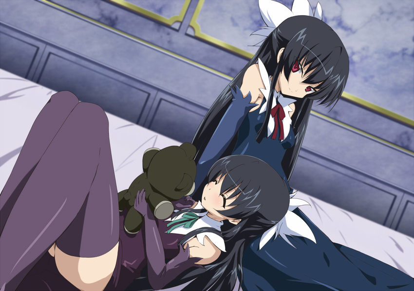 2girls bad_id bad_pixiv_id bare_shoulders bed black_hair closed_eyes detached_sleeves dress dutch_angle gold_trim hair_ornament indoors karin_von_gielen light_smile long_hair looking_at_viewer lying_on_lap multiple_girls red_eyes ribbon seshiru_von_gielen shikaten siblings split_mouth straight_hair stuffed_animal stuffed_toy teddy_bear thighhighs uchuu_kaizoku_sara very_long_hair