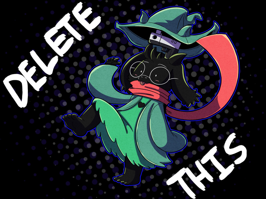 2018 4:3 absurd_res ambiguous_gender barefoot black_body black_fur blush bovid caprine clothed clothing darkner delet_this deltarune english_text eyewear feet floppy_ears fur glasses goat gun handgun hat headgear headwear heart_symbol hi_res horn mammal meme neloku ralsei ralsei_with_a_gun ranged_weapon reaction_image scarf solo text tongue tongue_out undertale_(series) weapon