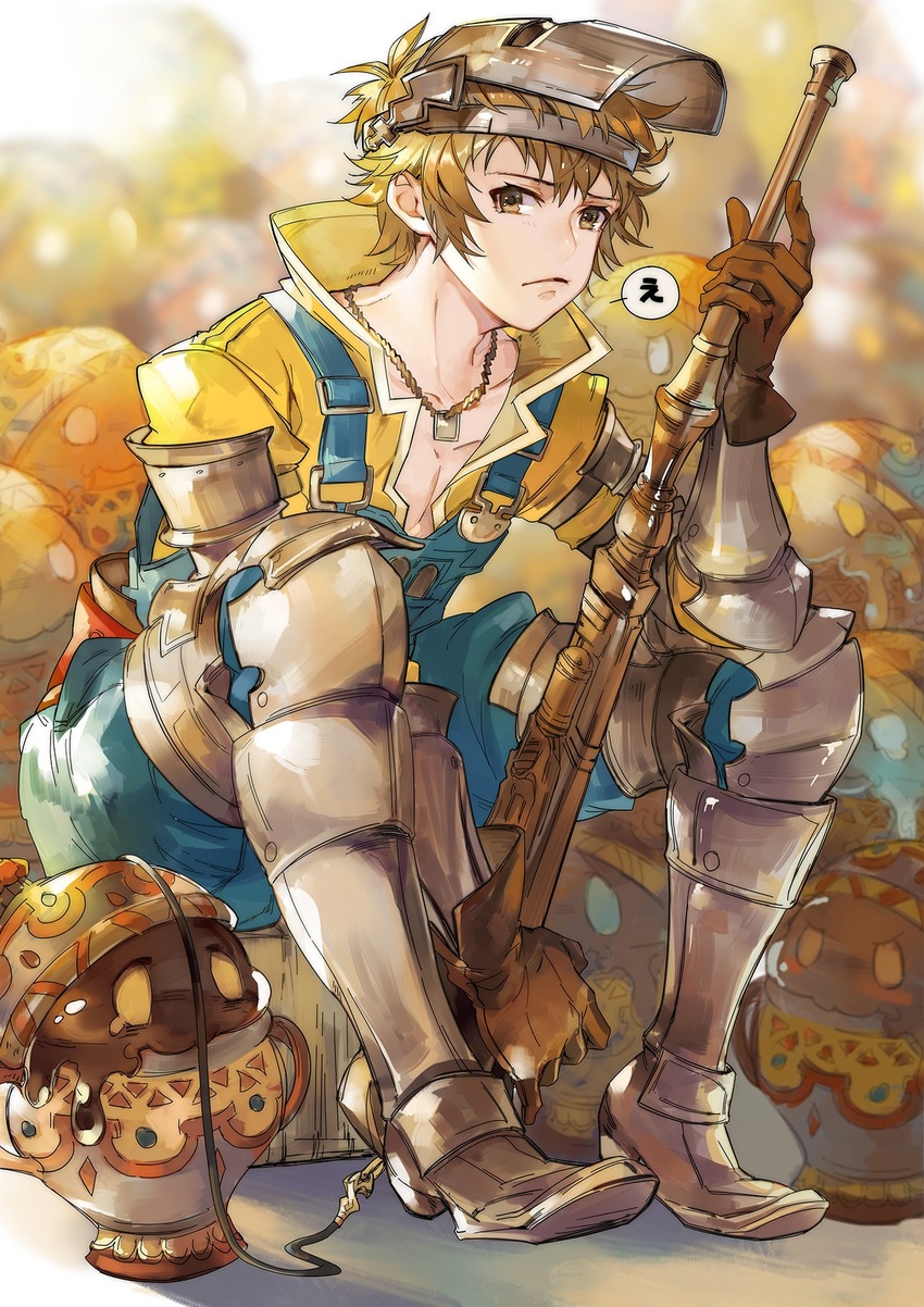 1boy armored_boots boots brown_hair gloves gran_(granblue_fantasy) granblue_fantasy highres jar looking_at_viewer male_focus mechanic_(granblue_fantasy) overalls short_hair sitting solo soysae welding_mask