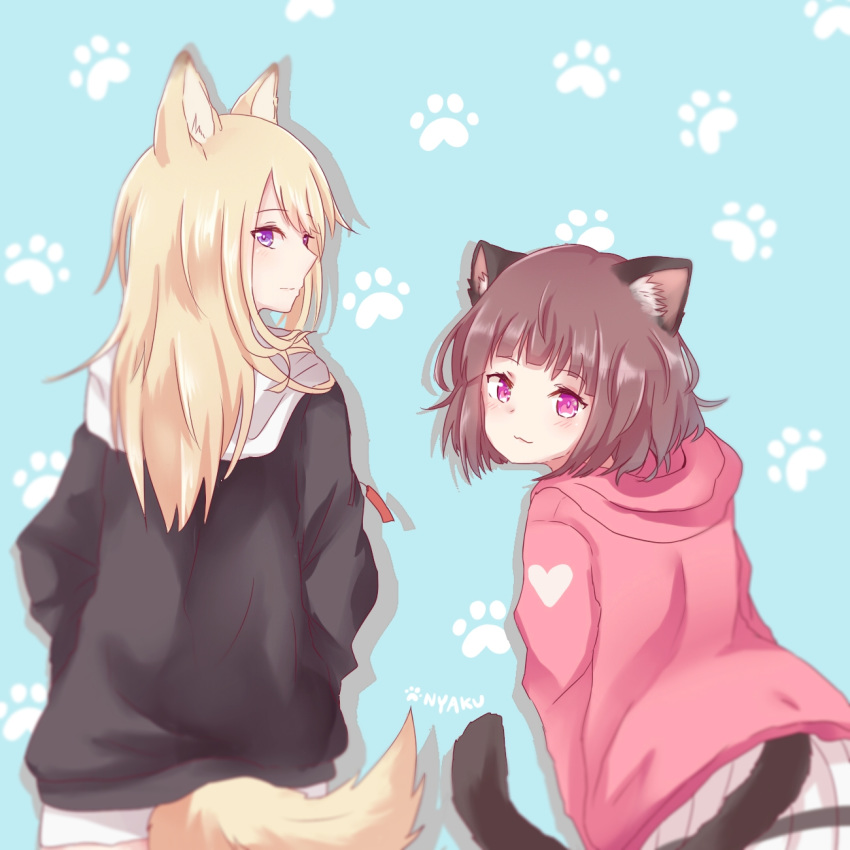 2girls :3 animal_ears artist_name blonde_hair blue_background blue_eyes brown_hair cat_ears cat_tail commentary dog_ears dog_tail from_behind highres hood hood_down hoodie jacket kmnz leaning_forward long_hair looking_at_viewer looking_back mc_lita mc_liz multiple_girls nyaku paw_print paw_print_background pleated_skirt short_hair skirt smile symbol-only_commentary tail virtual_youtuber