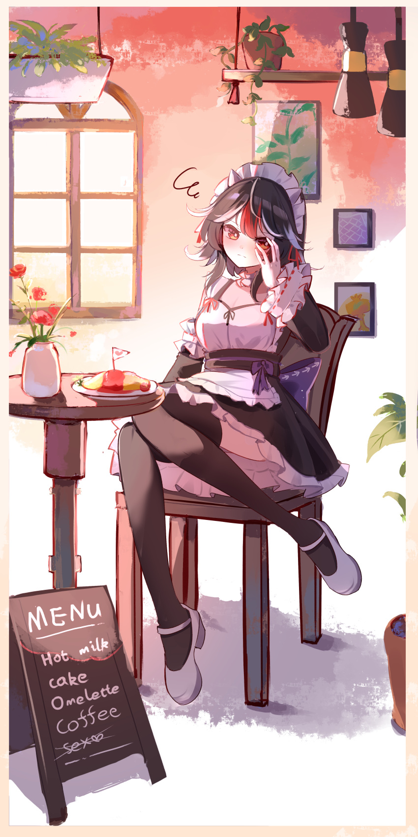 absurdres alternate_costume apron arrow_print back_bow black_sleeves black_thighhighs blush bow breasts cafe chair chinese_commentary choker cleavage closed_mouth commentary_request detached_sleeves dress english_text female food frilled_apron frilled_choker frilled_dress frilled_sleeves frills full_body hand_up head_tilt highres horns indoors kijin_seija knees_together_feet_apart long_sleeves maid maid_apron maid_headdress mary_janes medium_hair menu_board multicolored_hair omelet omurice on_chair plant plate potted_plant purple_ribbon red_eyes red_ribbon ribbon ribbon-trimmed_sleeves ribbon_trim round_table shen_bi_ren_(user_rjgy2824) shoes sitting solo squiggle streaked_hair table thighhighs touhou vase white_apron white_footwear wide_sleeves window