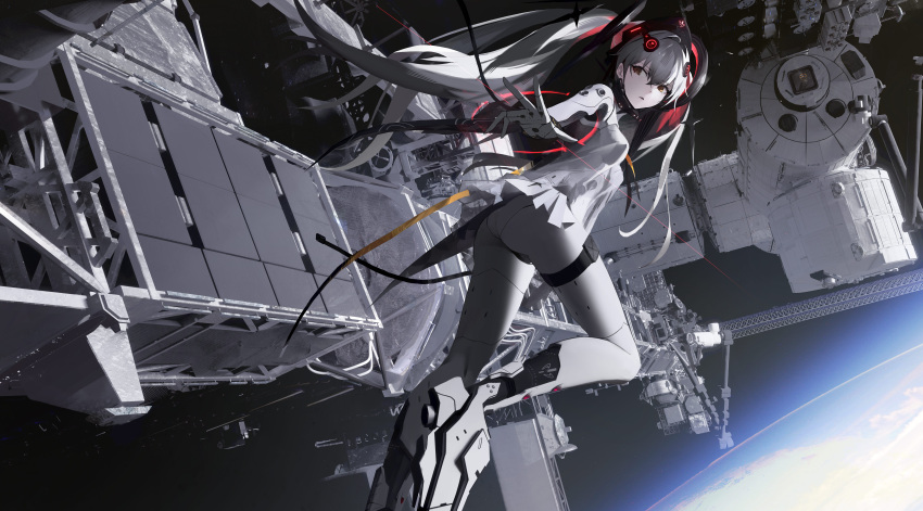 absurdres ass bodysuit breasts cell_(acorecell) commentary female floating foot_out_of_frame grey_hair hair_between_eyes hair_intakes headgear highres in_orbit long_hair looking_back luna:_laurel_(pgr) luna_(pgr) mecha_musume mechanical_legs medium_breasts miniskirt outstretched_arm parted_lips planet punishing:_gray_raven science_fiction skin_tight skirt solo space space_station striker_unit thigh_strap thrusters truss twintails upskirt white_bodysuit yellow_eyes