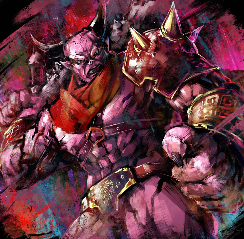 1boy alternate_form belt black_nails bracer chest_harness clenched_hand clenched_teeth colored_skin commentary_request demon_boy disutihada dragon_quest dragon_quest_xi harness highres holding holding_sword holding_weapon horns male_focus muscular muscular_male neckerchief pink_skin pointy_ears red_neckerchief solo spiked_pauldrons sword teeth urnoga veiny_face weapon