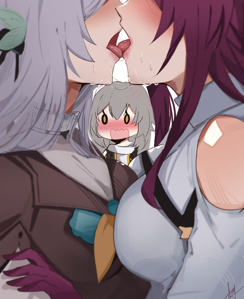 3girls absurdres arnkun blush breasts brown_jacket clothing_cutout english_commentary firefly_(honkai:_star_rail) french_kiss gloves grey_hair head_out_of_frame highres honkai:_star_rail honkai_(series) jacket kafka_(honkai:_star_rail) kissing large_breasts long_hair multiple_girls open_mouth purple_gloves purple_hair saliva shirt shoulder_cutout stelle_(honkai:_star_rail) tongue tongue_out trailblazer_(honkai:_star_rail) white_shirt yellow_eyes yuri