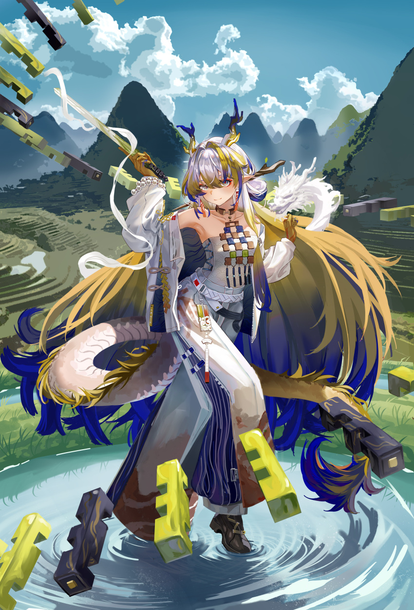 absurdres arknights arm_up armpits bare_shoulders beads belt black_footwear blonde_hair blue_sky chinese_commentary closed_mouth cloud collarbone colored_extremities commentary_request day dragon dragon_girl dragon_horns dragon_tail earrings eastern_dragon eyeliner female full_body grass grey_eyes hair_between_eyes hair_intakes highres holding holding_sword holding_weapon horns jacket jewelry long_hair long_sleeves looking_at_viewer magic makeup mountain multicolored_hair necklace orange_eyeliner outdoors pants partial_commentary plant pointy_ears purple_hair ripples rural seigaiha shoes shu_(arknights) sky skydrop smile solo standing strapless sunlight sword tail tube_top very_long_hair water weapon white_belt white_hair white_jacket white_pants white_tube_top