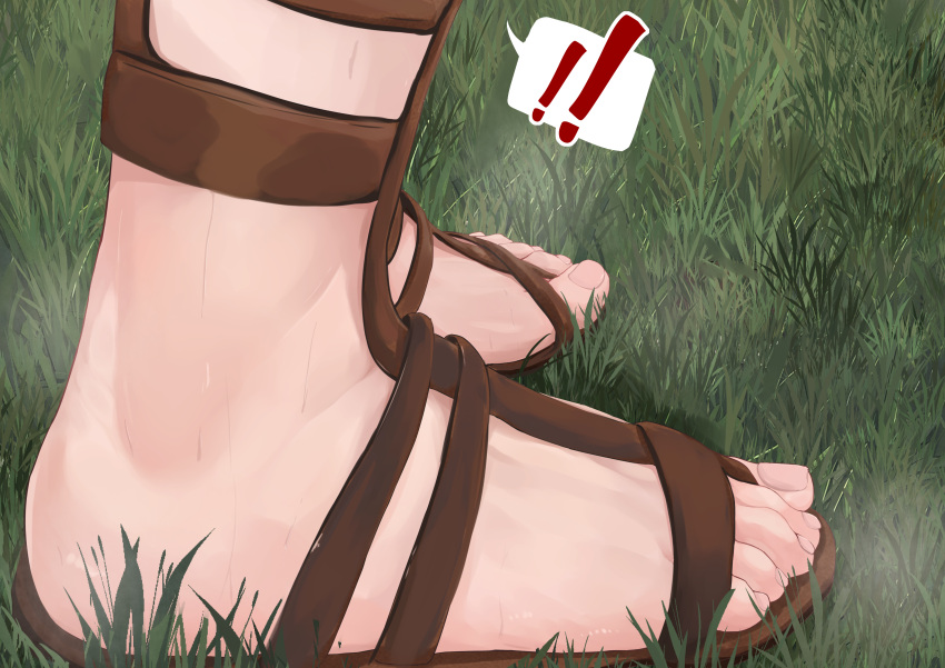 absurdres barefoot close-up feet female highres jager meadow sandals soles sweat sweaty_foot toes unicorn_overlord