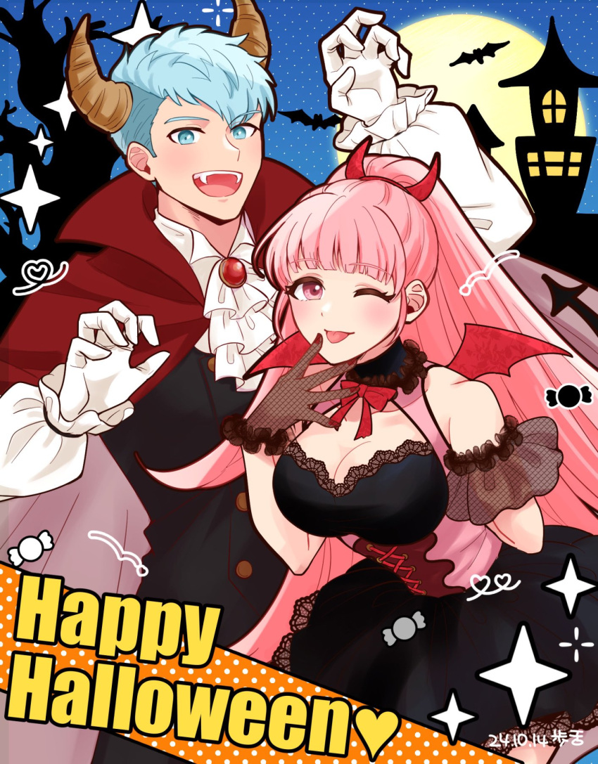 1boy alternate_costume alukubero ascot black_dress black_vest blue_eyes blue_hair blush breasts brooch cape caspar_von_bergliez cleavage commentary_request corset dated demon_wings dress fake_horns fake_wings female fire_emblem fire_emblem:_three_houses halloween halloween_costume happy_halloween high_collar highres hilda_valentine_goneril horns jewelry large_breasts long_hair looking_at_viewer one_eye_closed pink_eyes pink_hair ponytail red_cape red_horns red_wings short_hair tongue tongue_out very_long_hair vest white_ascot wings